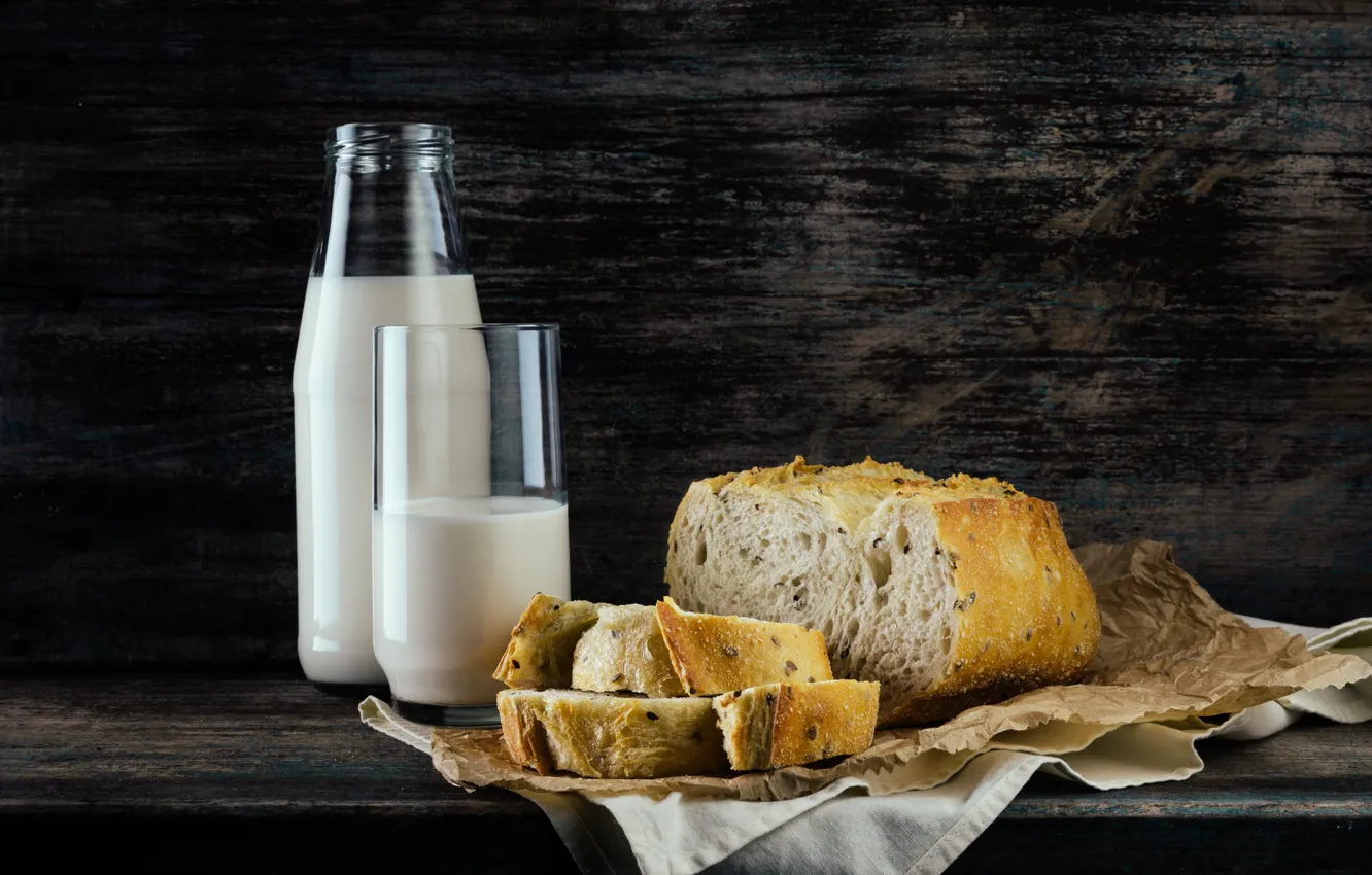 Фото обои молоко, хлеб, натюрморт, скатерть