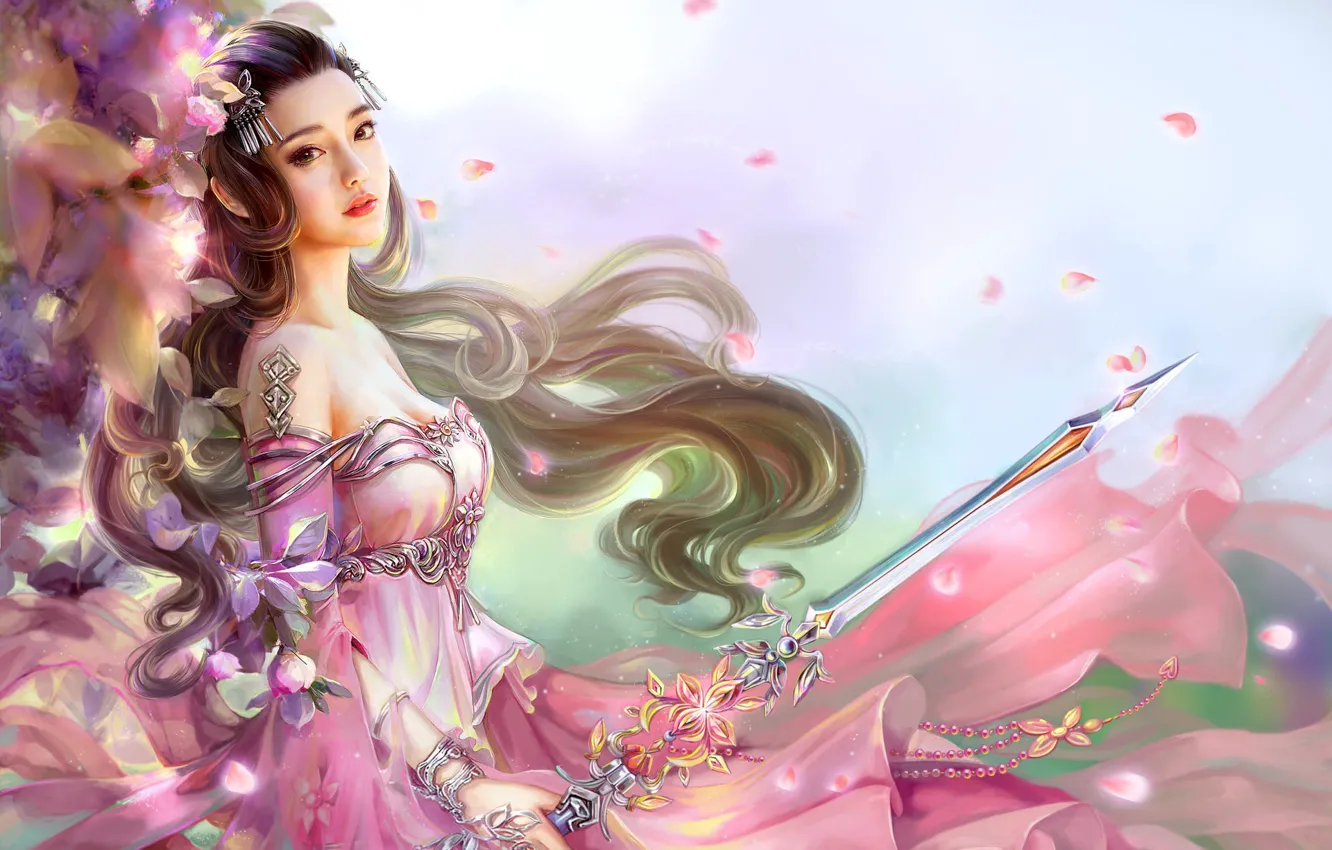 Фото обои декольте, воительница, цветущее дерево, длинные волосы, очаровательная девушка, мир фентези, меч в руке, легенды востока