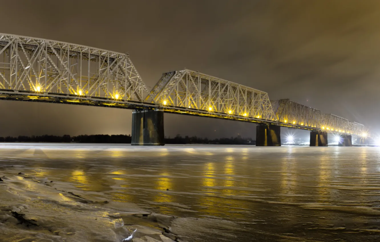 Фото обои свет, мост, река, лёд, железная дорога, понарама
