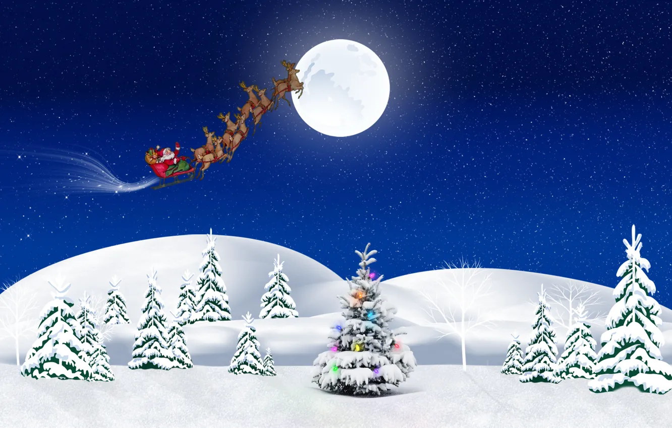 Фото обои зима, снег, праздник, елка, новый год, подарки, упряжка, санта клаус