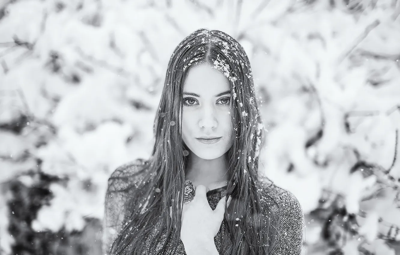 Фото обои глаза, взгляд, девушка, снег, лицо, волосы