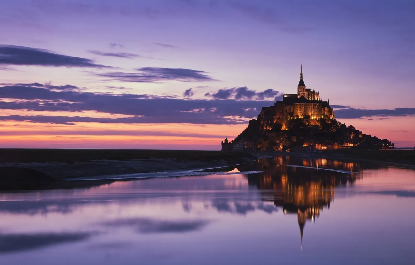 Фото обои вода, закат, отражение, замок, Normandy, Mont Saint-Michel, гора Архангела Михаила