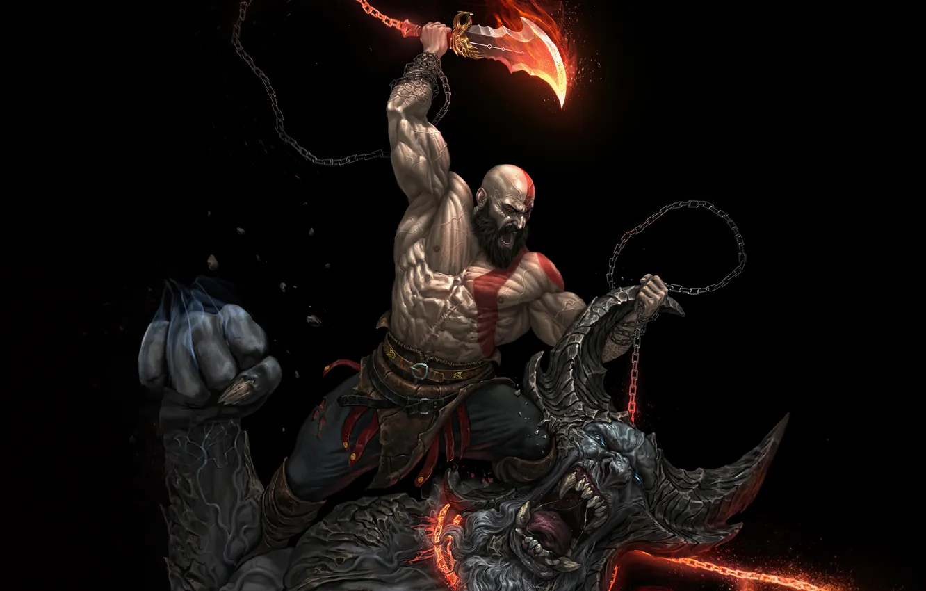 Фото обои fire, monster, god of war, weapon, kratos, sony, snow, blow