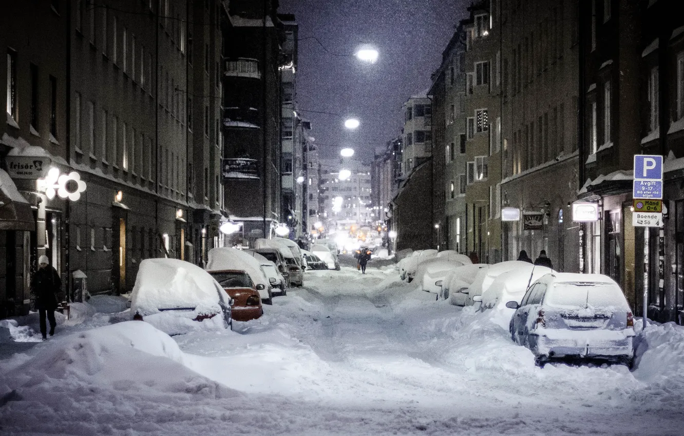 Фото обои ночь, город, улица, фонари, снегопад