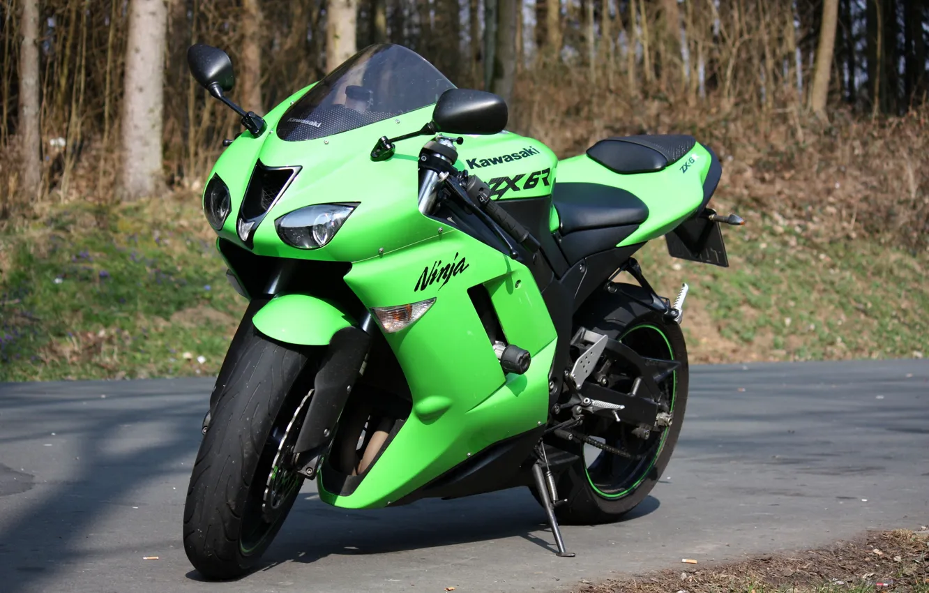 Фото обои асфальт, green, мотоцикл, байк, motorcycle, superbike, sportbike, Kawasaki Ninja ZX-6R