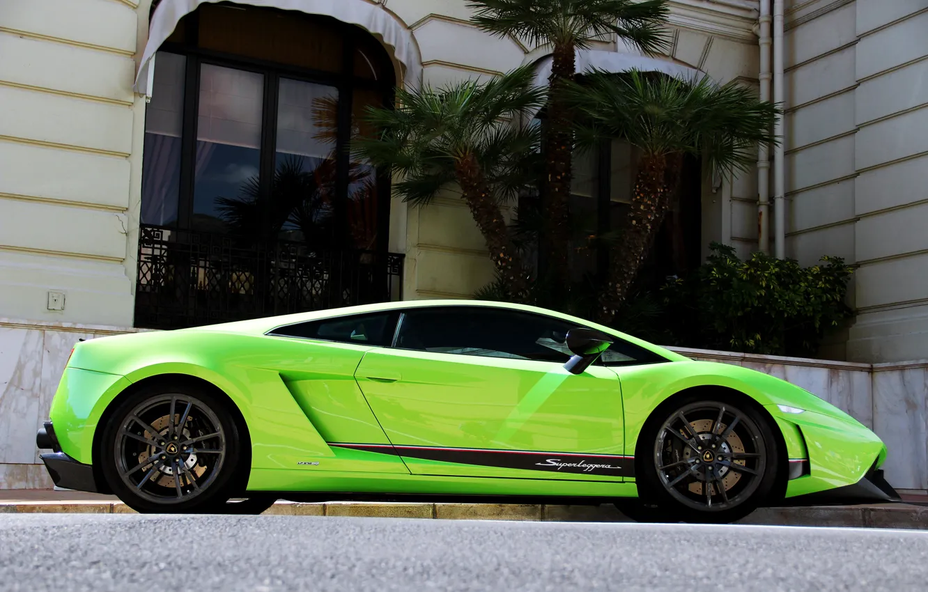 Фото обои зеленый, пальмы, green, здание, Lamborghini, gallardo, ламборгини, building