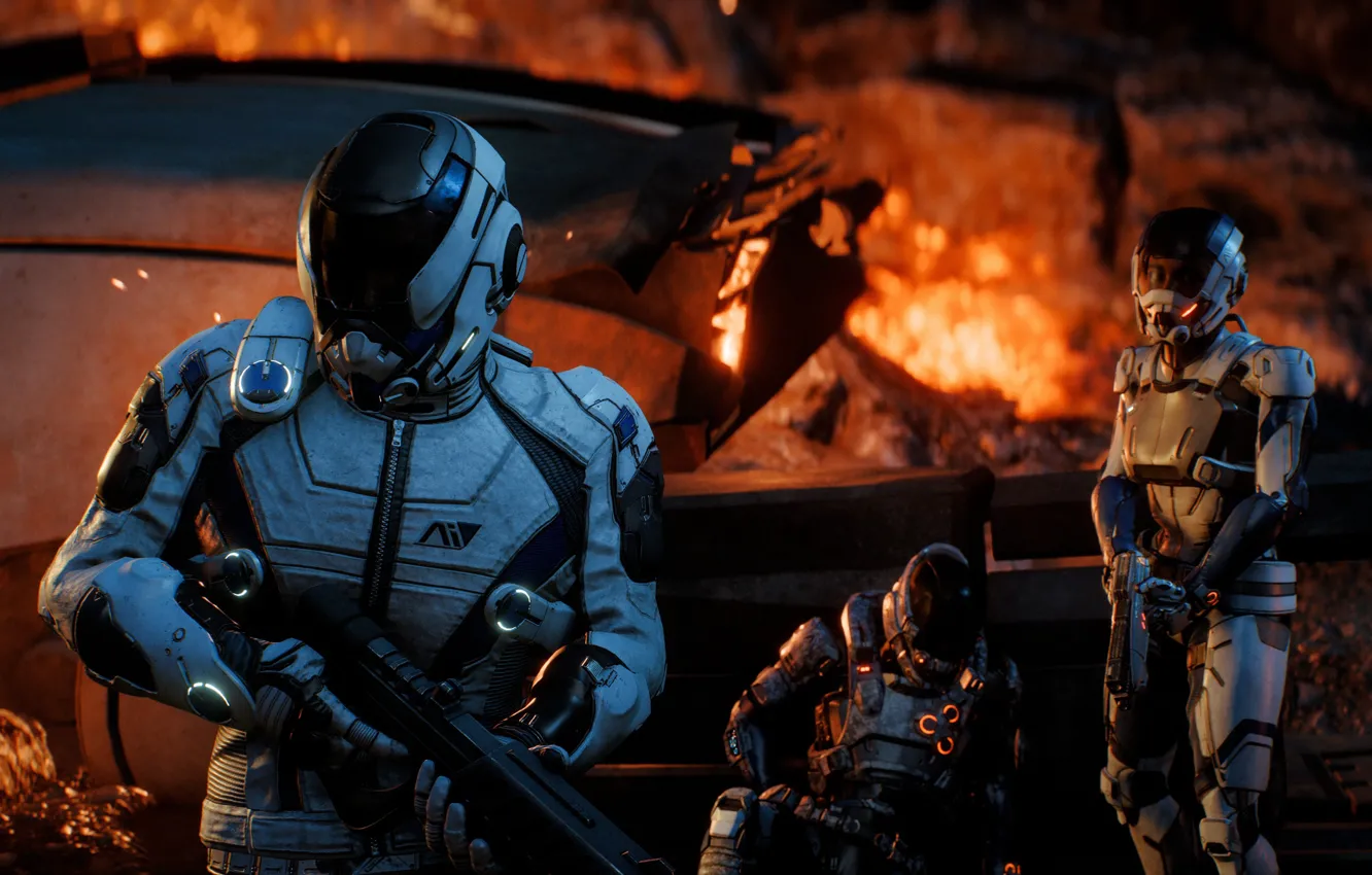 Фото обои gun, Andromeda, game, weapon, Mass Effect, rifle, suit, helmet
