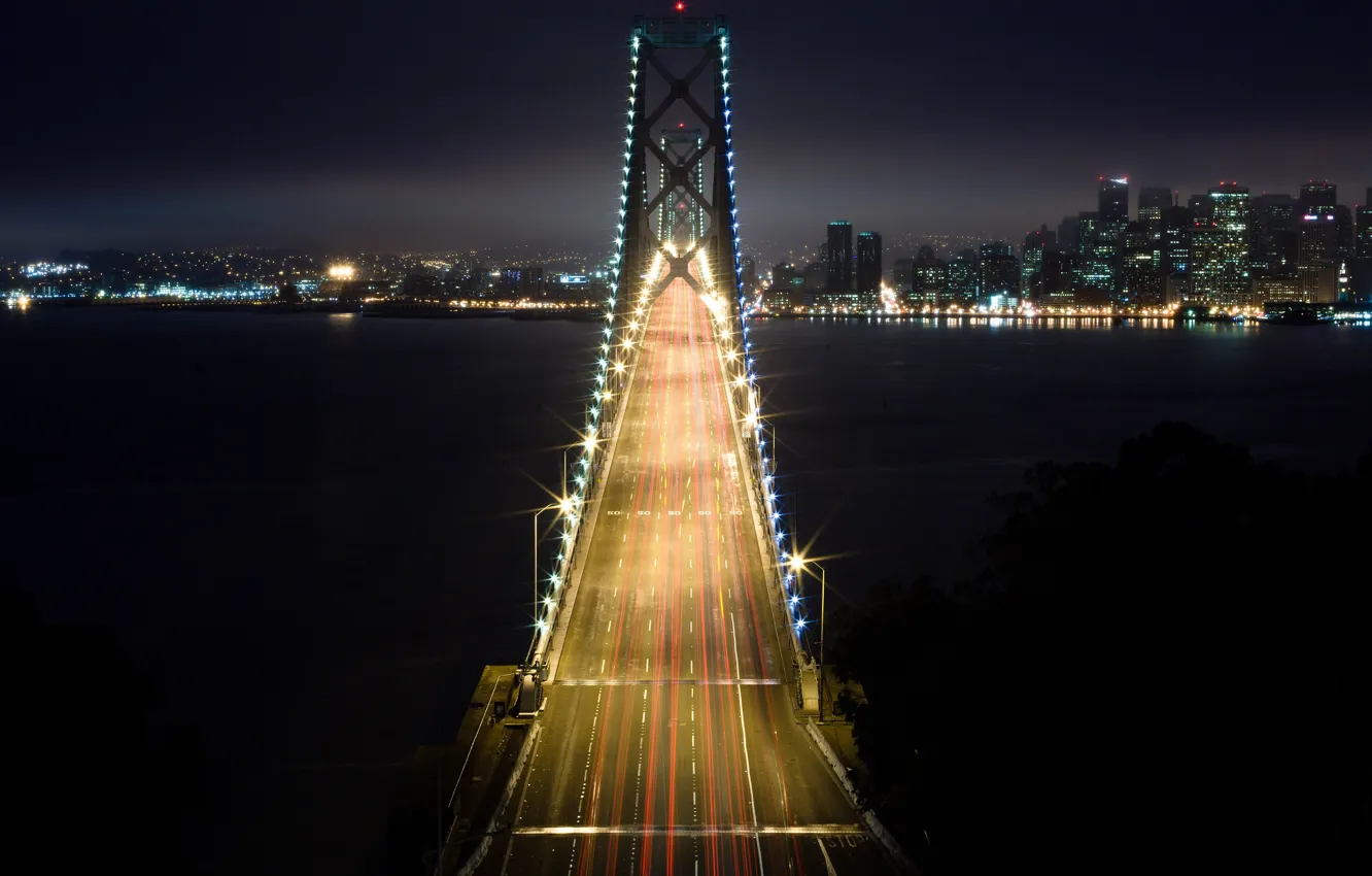 Фото обои свет, ночь, мост, город, огни