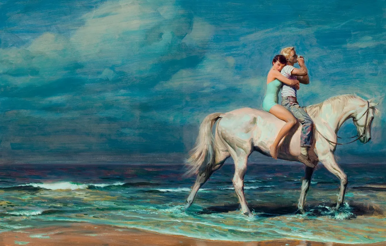 Фото обои вода, конь, берег, женщина, мужчина, двое, Tom Lovell