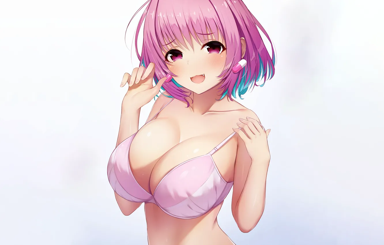 Фото обои girl, sexy, lingerie, bra, cleavage, pink hair, boobs, anime