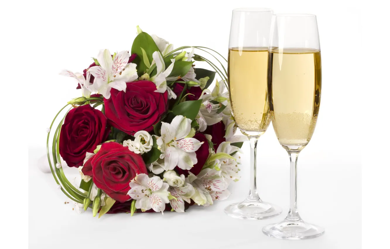 Фото обои цветок, цветы, розы, букет, бокалы, шампанское