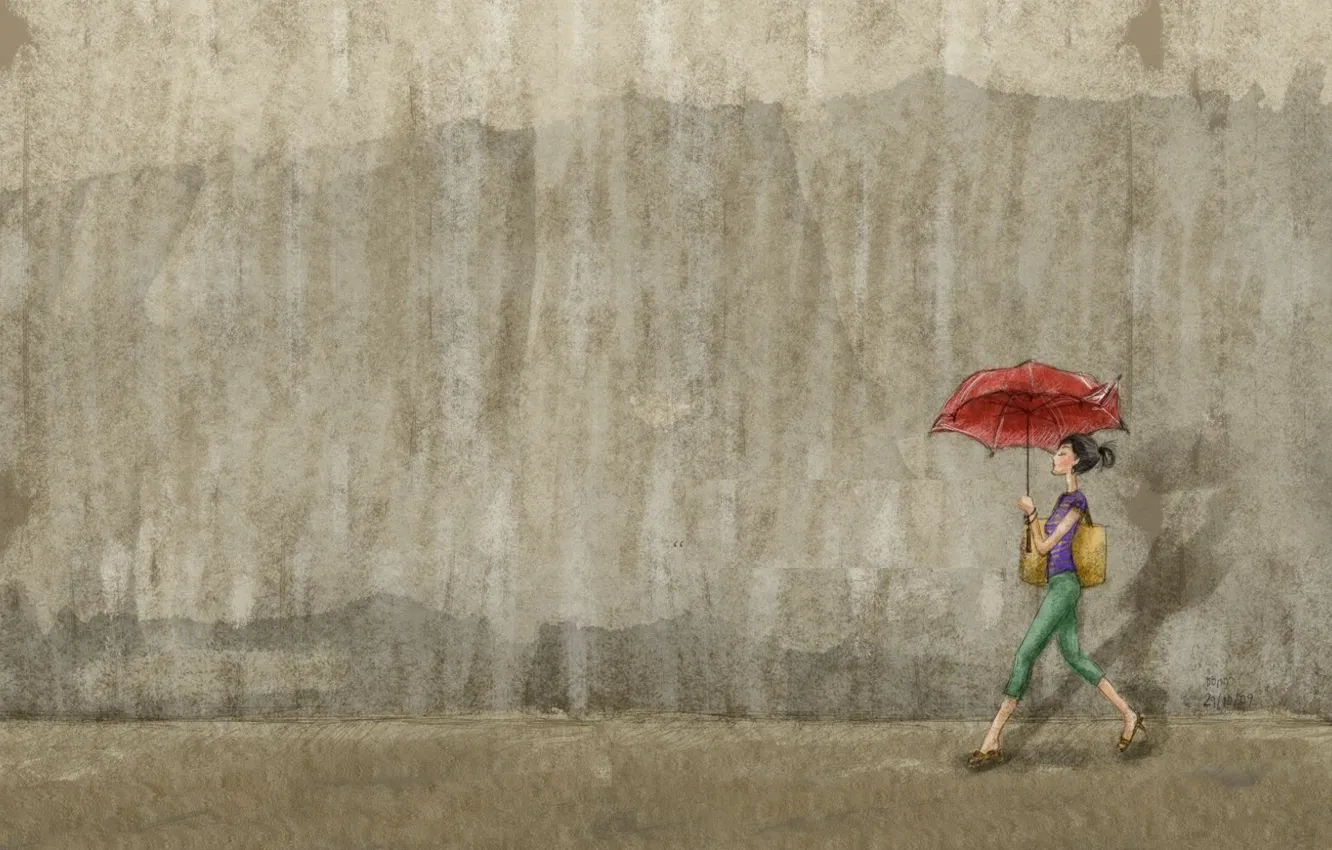 Фото обои девушка, стена, живопись, идет, с зонтом