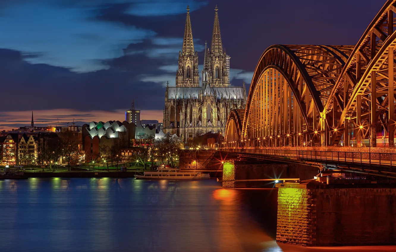Фото обои свет, мост, город, огни, вечер, выдержка, Германия, Кёльнский собор