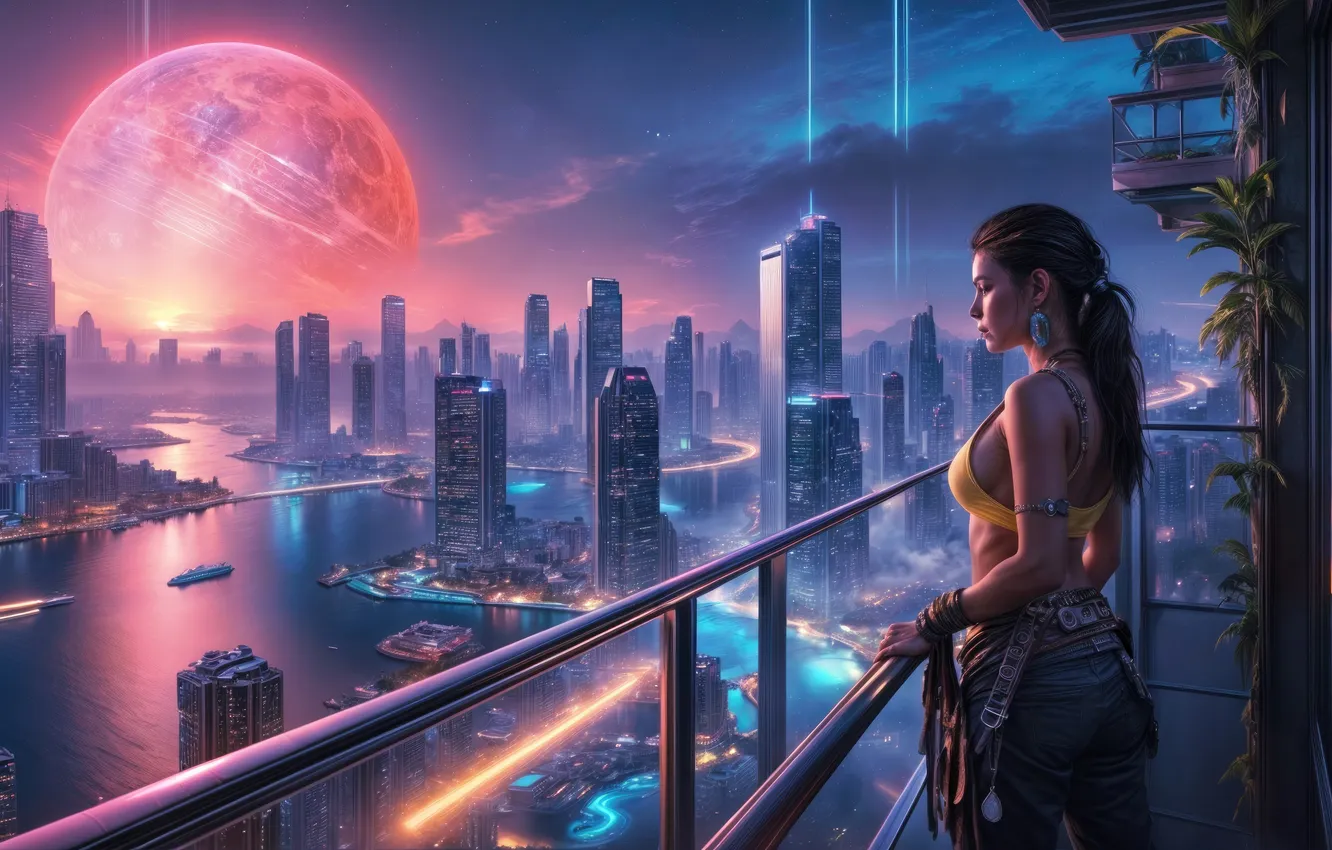 Фото обои girl, looking, lunar colony