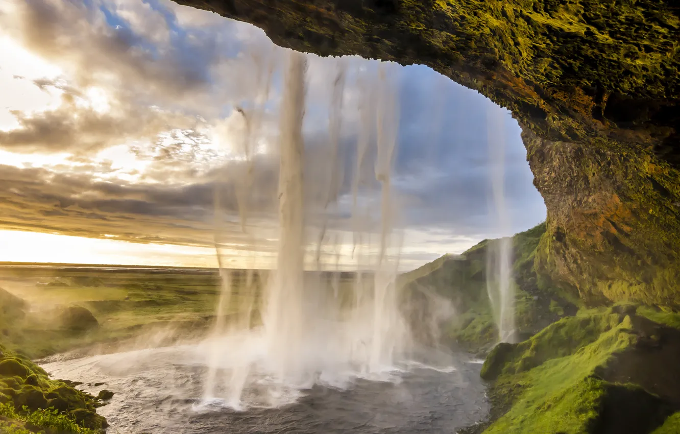Фото обои водопад, Исландия, Селйяландсфосс, seljalandsfoss