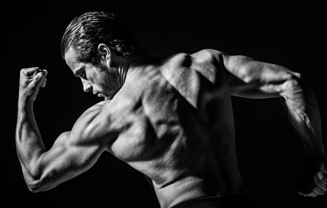 Фото обои поза, спина, руки, чёрно-белая, мужчина, монохром, мускулы, атлет