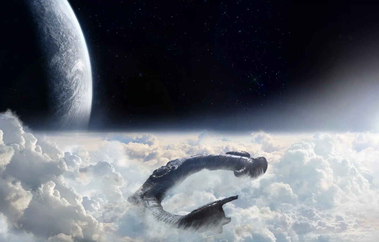 Фото обои небо, звезды, облака, свет, корабль, планета, прометей