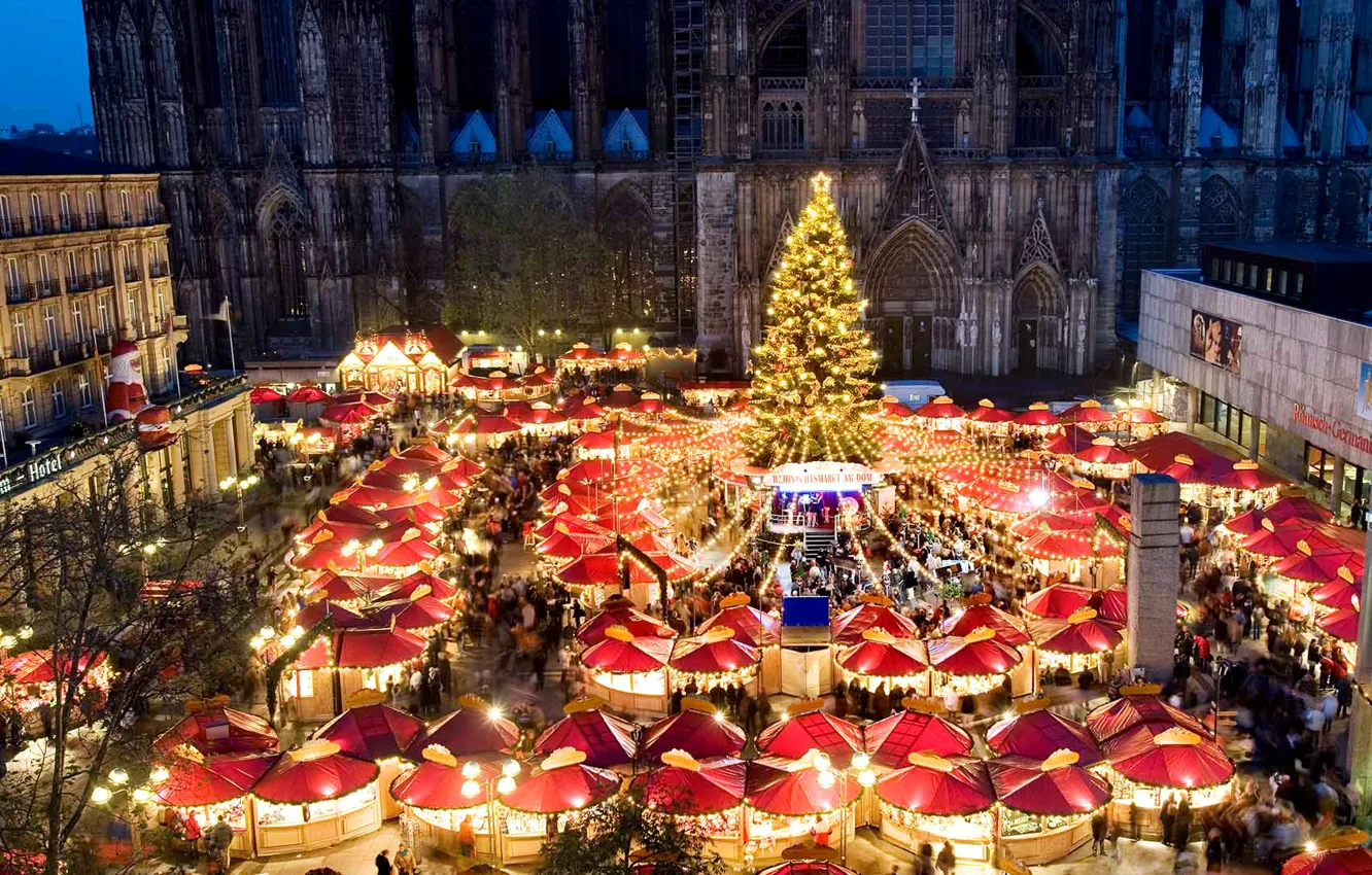 Фото обои огни, Германия, площадь, Рождество, собор, ярмарка, Кельн