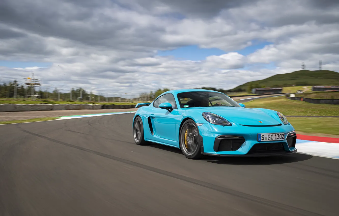 Фото обои Porsche, Скорость, Cayman, GT4, 2019, Porsche 718 (982) Cayman GT4, Траса