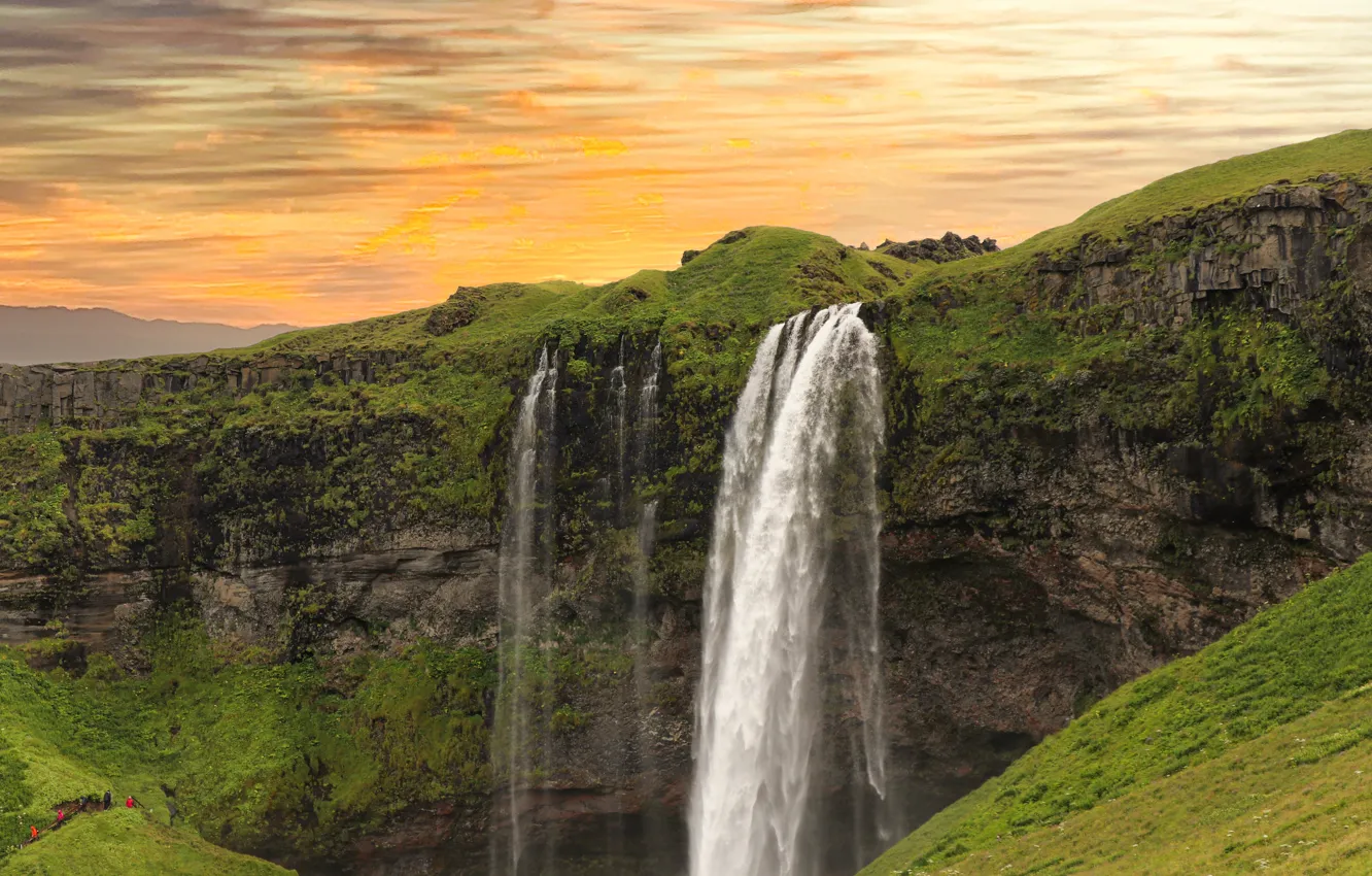 Фото обои закат, скалы, водопад, поток