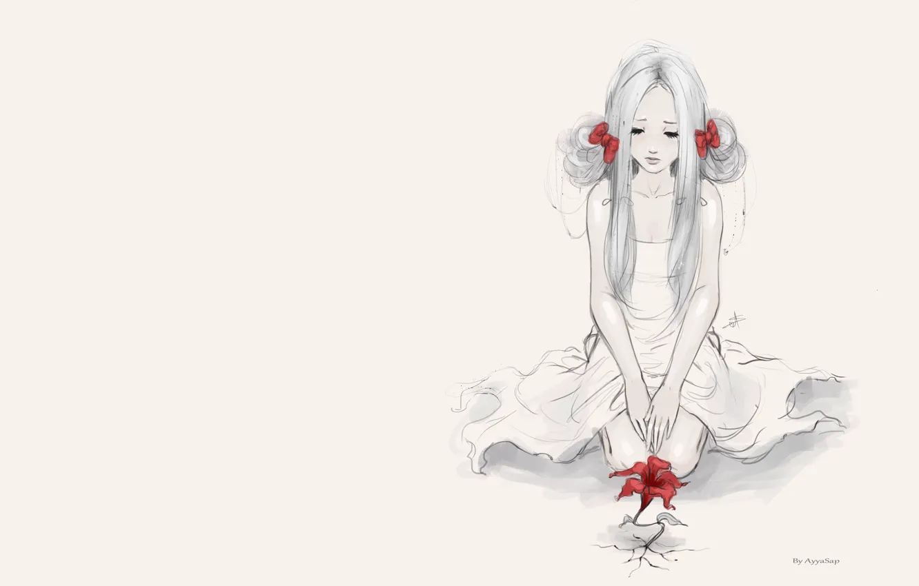 Фото обои девушка, настроение, минимализм, набросок, арт, red flower, AyyaSP