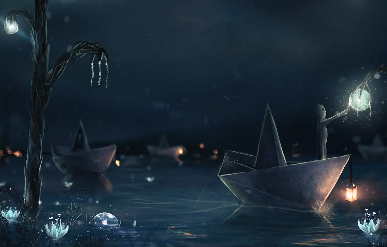 Фото обои вода, ночь, арт, фонари, бумажные корабли