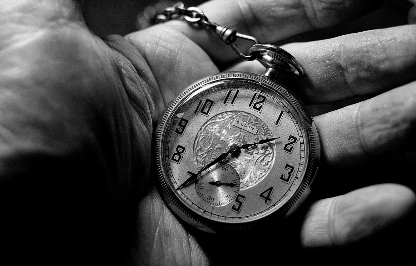 Фото обои black and white, hand, clock