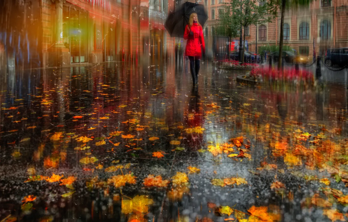 Фото обои осень, девушка, город, улица, листва, зонт, Питер, в красном