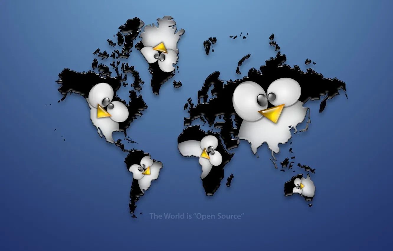 Фото обои материки, пингвин, linux, карта мира