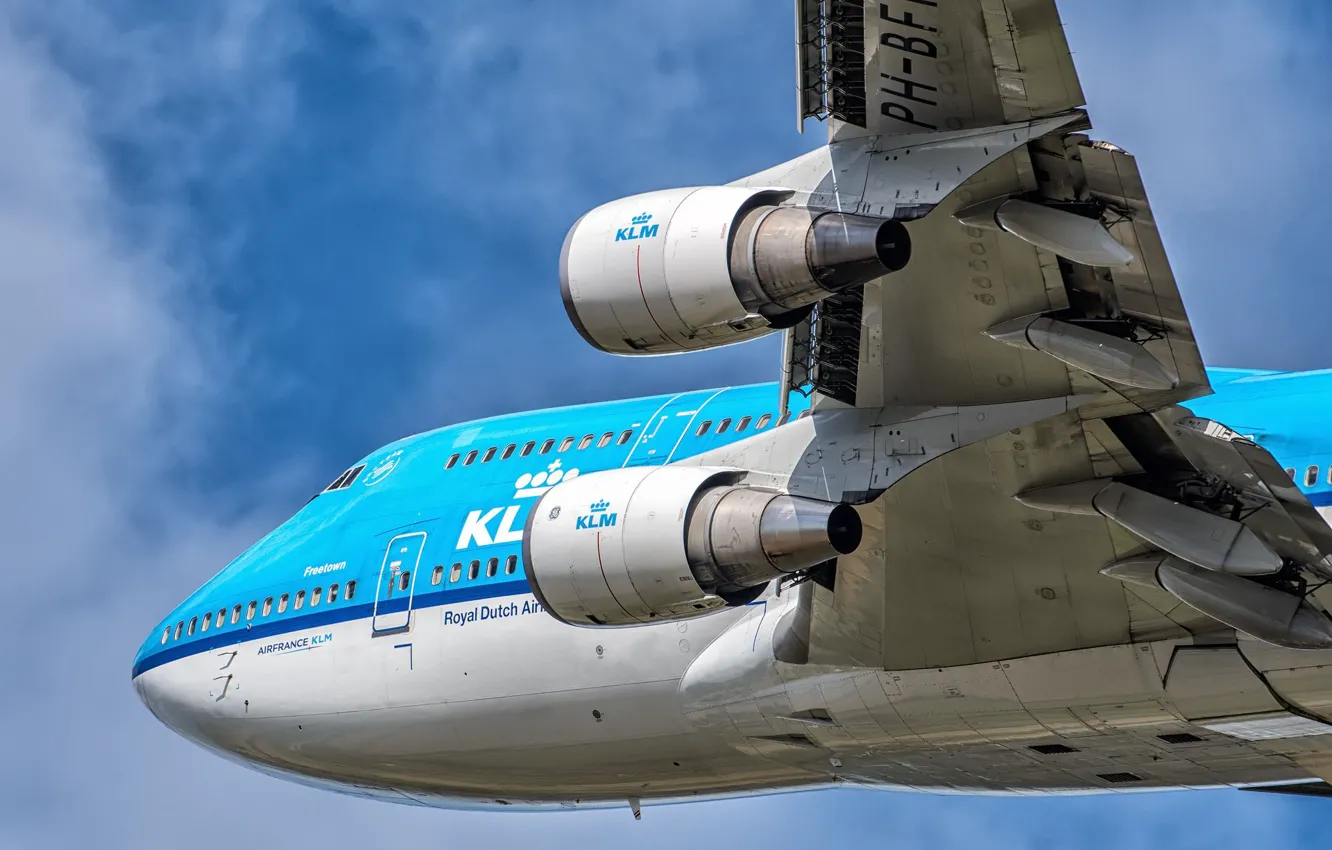 Фото обои Самолет, Двигатель, Boeing, Авиалайнер, Boeing 747, KLM, Пассажирский самолёт, Boeing 747-400