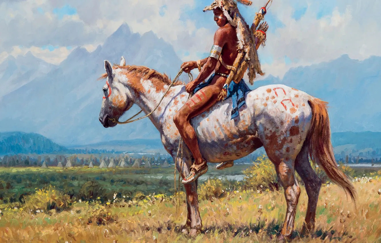 Фото обои Лошадь, Картина, Martin Grelle, Хранитель, Индеец, Американский художник, Мартин Грелле