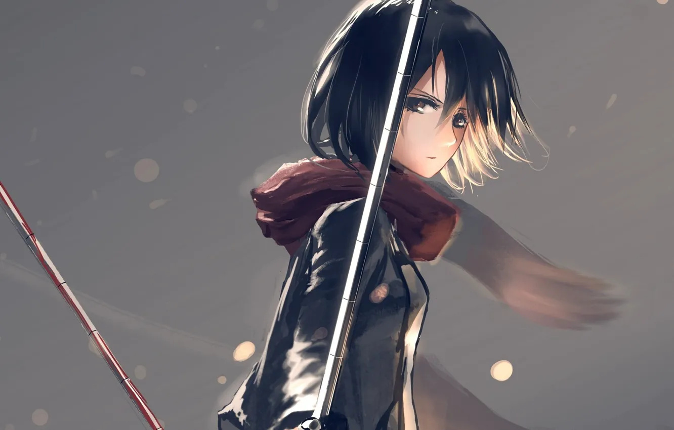 Фото обои взгляд, кровь, шарф, серый фон, клинки, военная форма, Shingeki no Kyojin, Mikasa Ackerman
