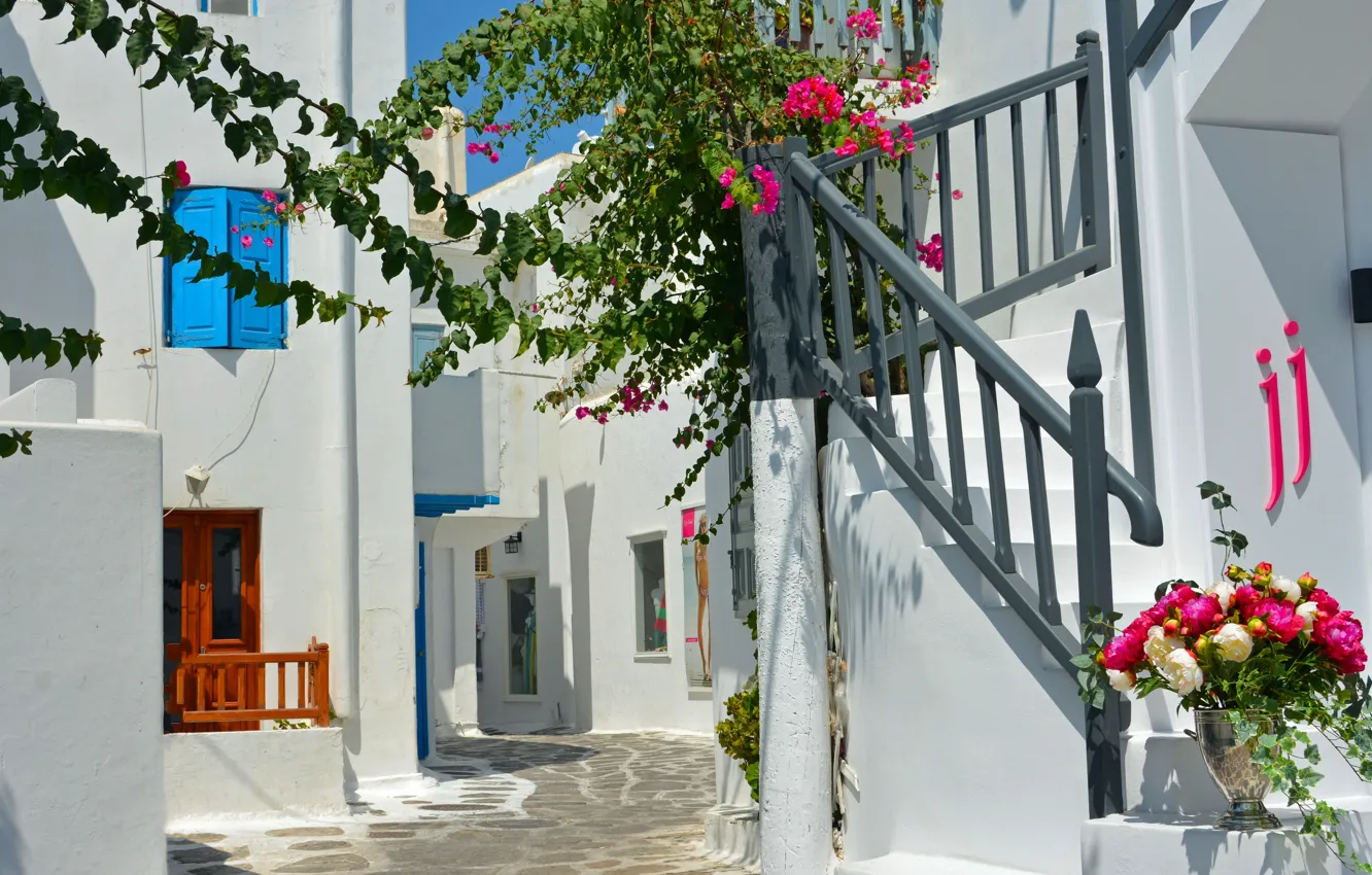 Фото обои цветы, Греция, лестница, улочка, Greece, Миконос, Mykonos
