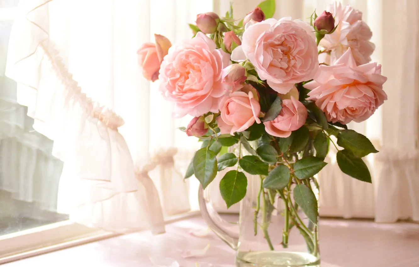 Фото обои розы, букет, лепестки, окно
