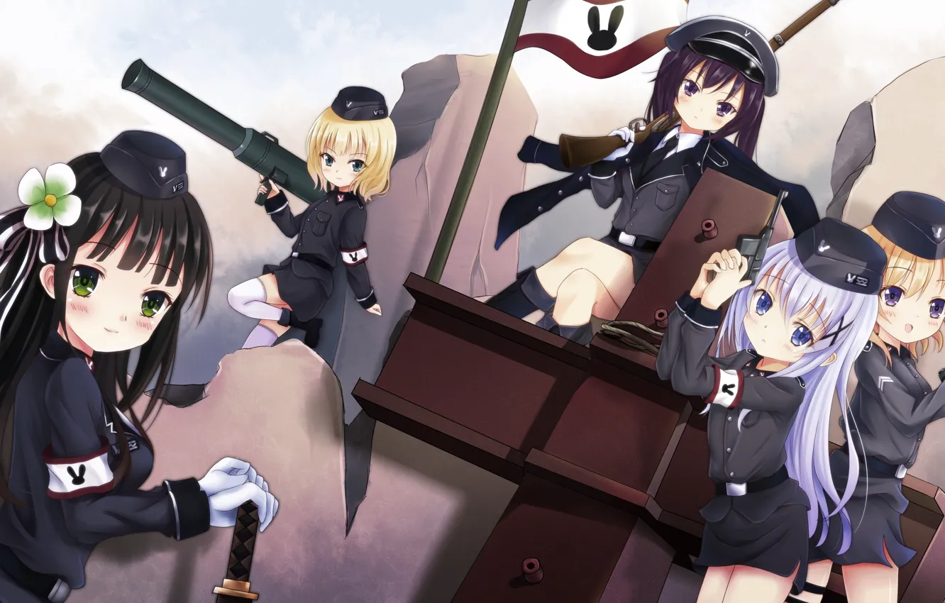 Фото обои оружие, девушки, аниме, флаг, арт, gochuumon wa usagi desu ka?, ujimatsu chiya, tedeza rize