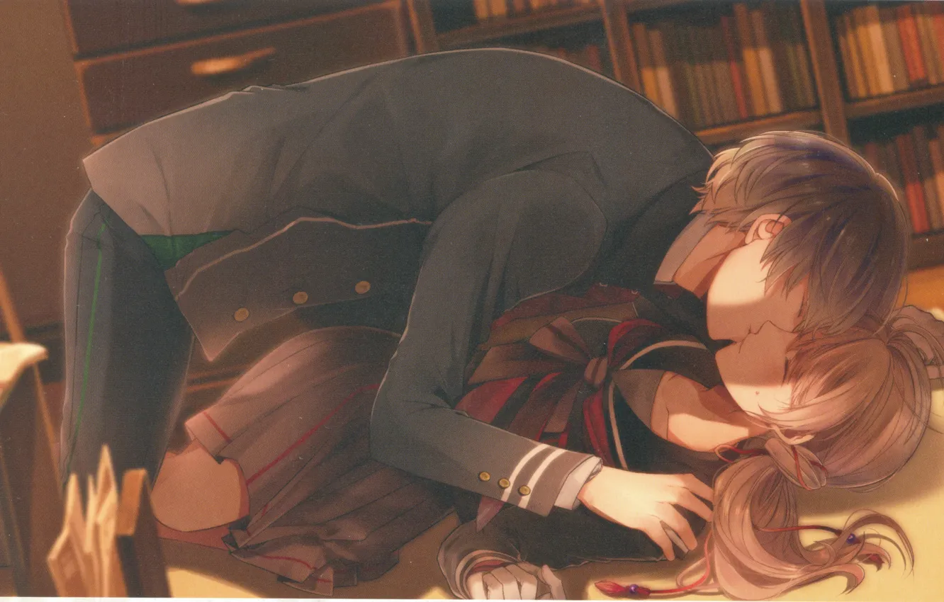Фото обои поцелуй, библиотека, на полу, школьники, visual novel, парень с девушкой, Suuran Digit, by Melo