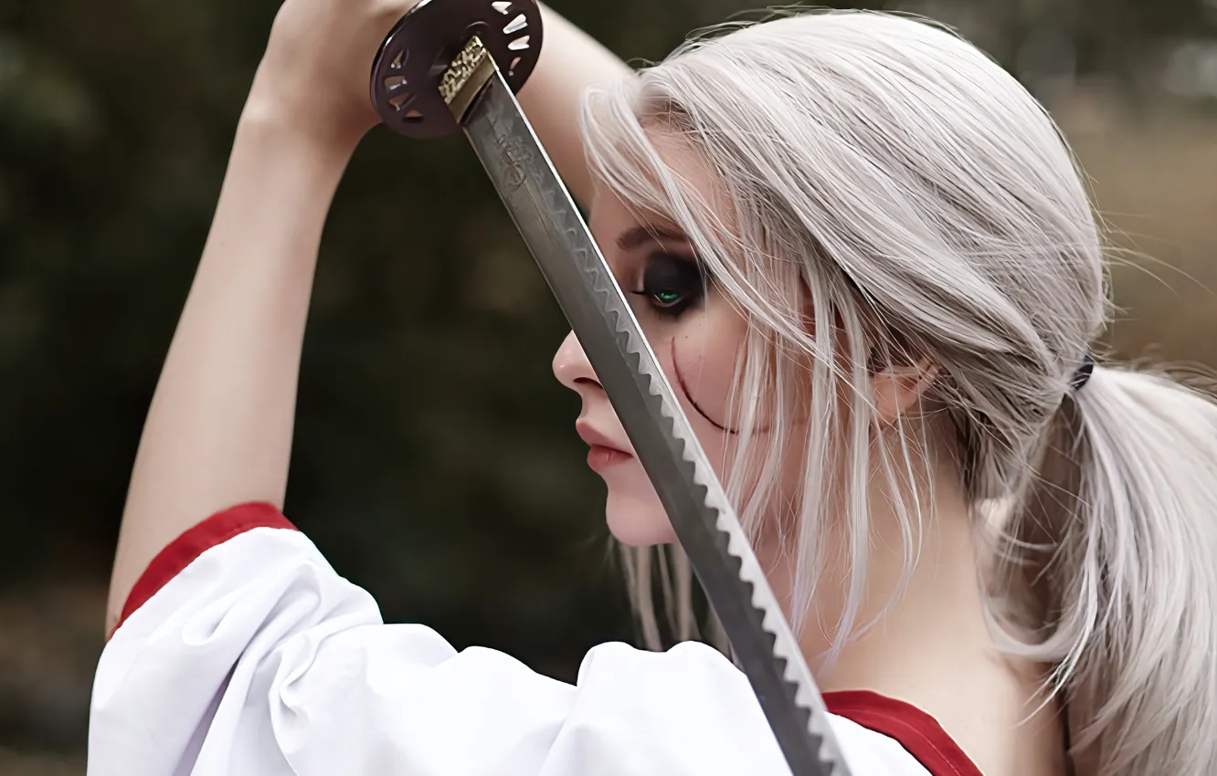 Фото обои green eyes, зеленые глаза, косплей, размытый фон, cosplay, The witcher, Ciri, blurry background