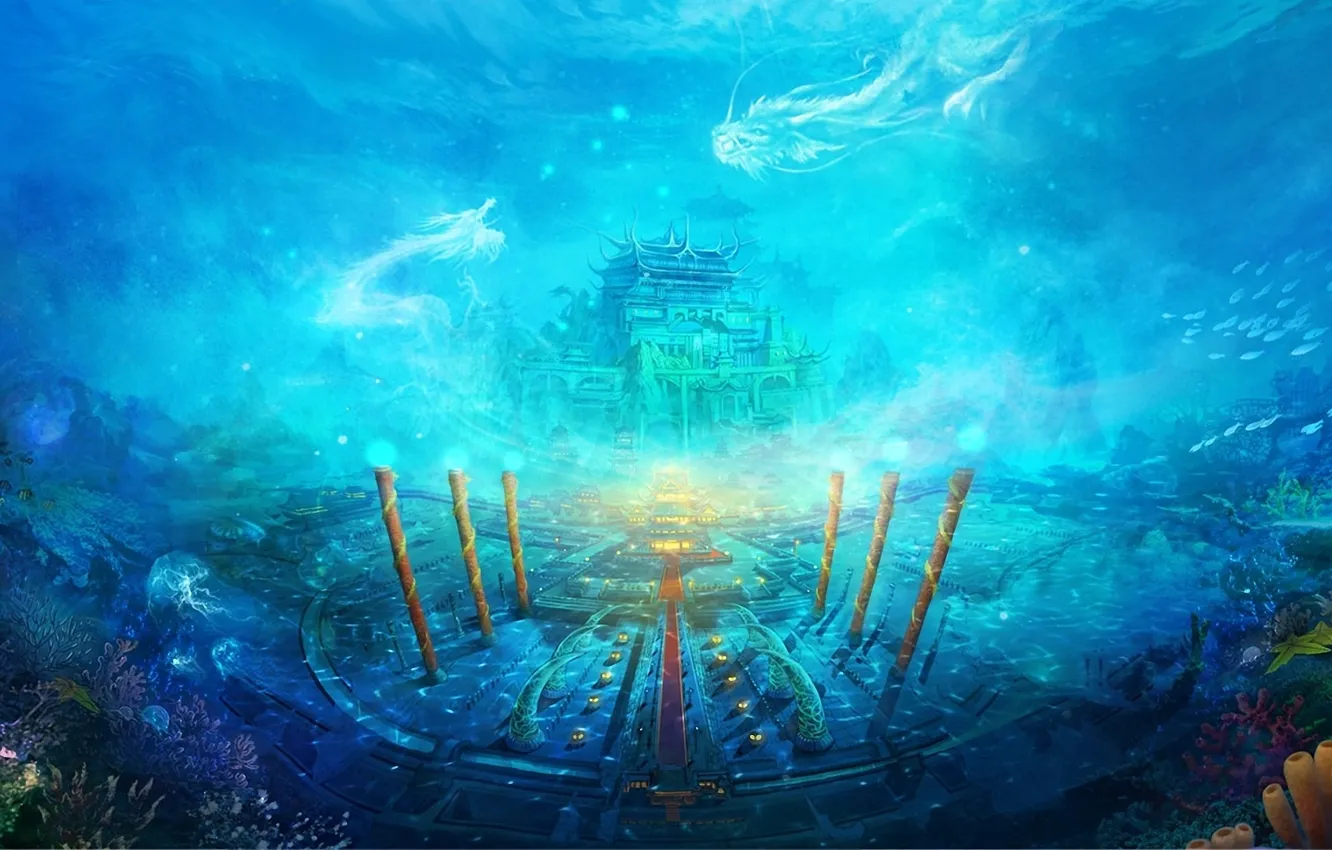 Фото обои рыбы, магия, драконы, кораллы, колонны, храм, подводный мир, под водой