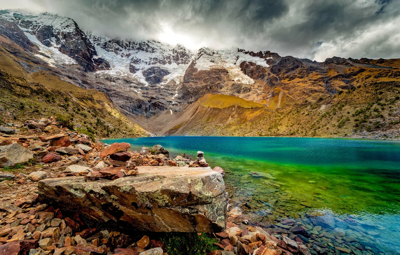 Фото обои Clouds, Snow, Mountains, Lake, Stones