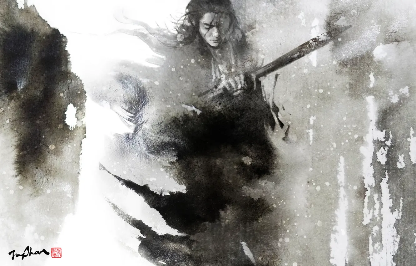 Фото обои рисунок, меч, акварель, мужчина, Самурай