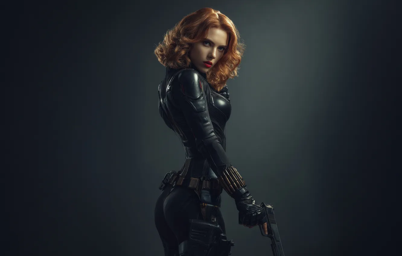 Фото обои пистолет, фон, Scarlett Johansson, арт, костюм, рыжая, Скарлетт Йоханссон, красотка