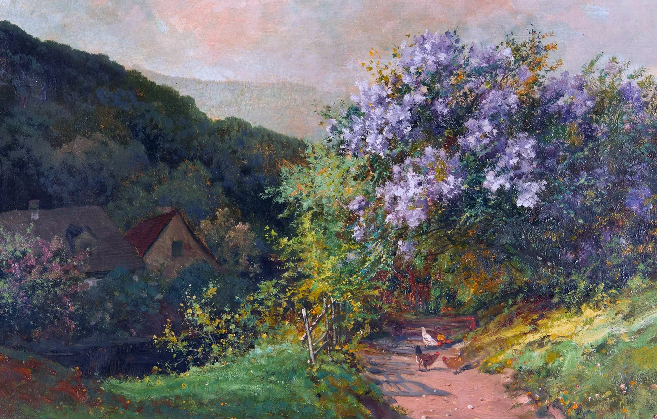 Фото обои Дома, Деревья, Картина, Сирень, Alois Arnegger, Алоис Арнеггер, Австрийский живописец, Цветущая сирень во дворе