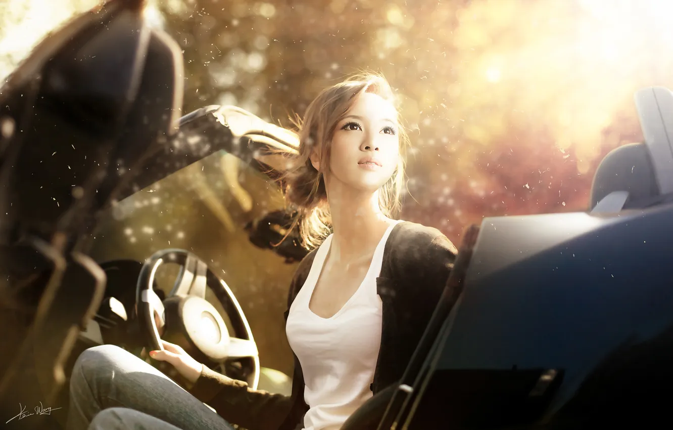 Фото обои машина, взгляд, девушка, свет, кабриолет