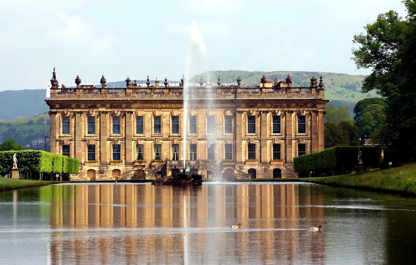 Фото обои Англия, утки, Замок, фонтан, дворец, England, поместье, Chatsworth House