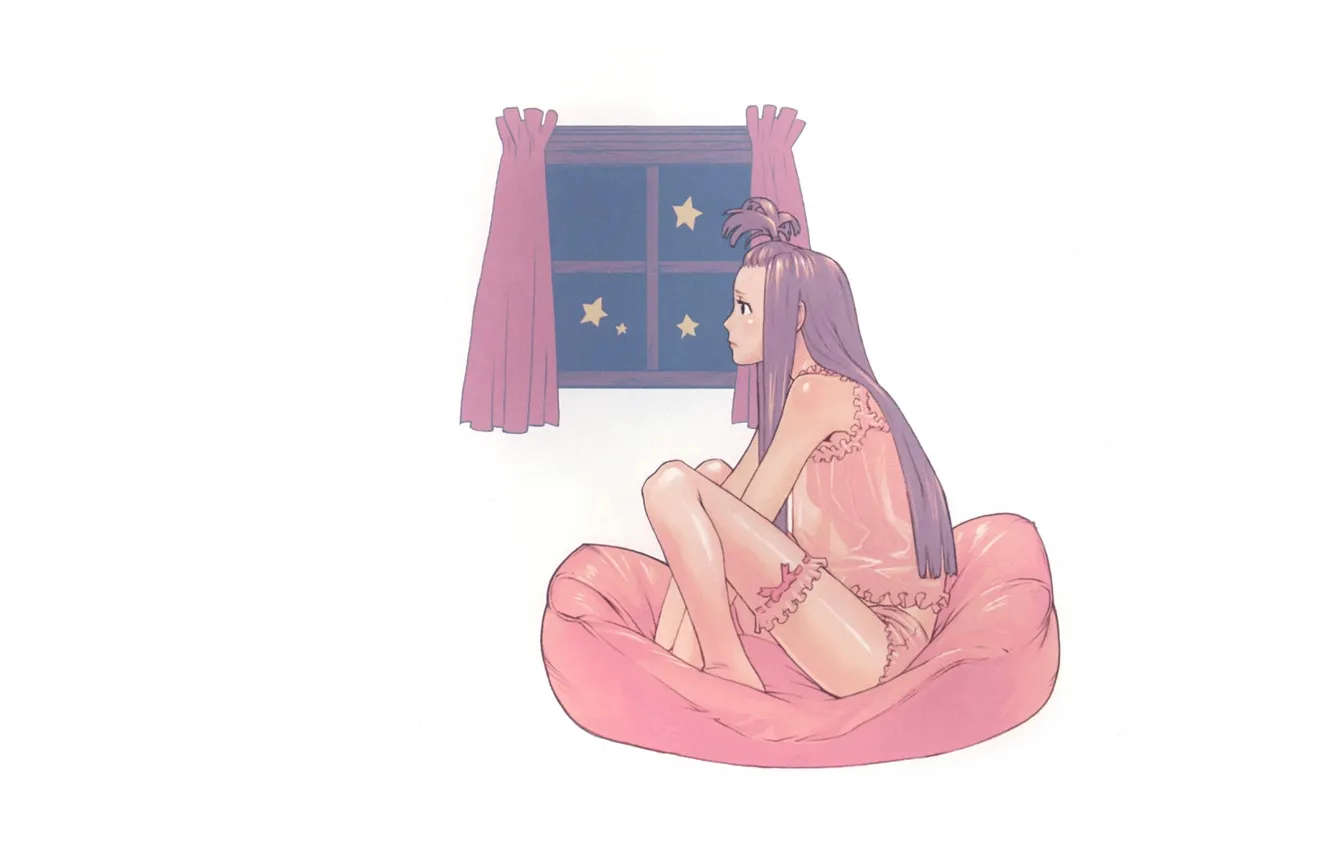 Фото обои нижнее белье, подушка, у окна, фиолетовые волосы, в профиль, подвязка для чулков, by Yuusuke Kozaki, …