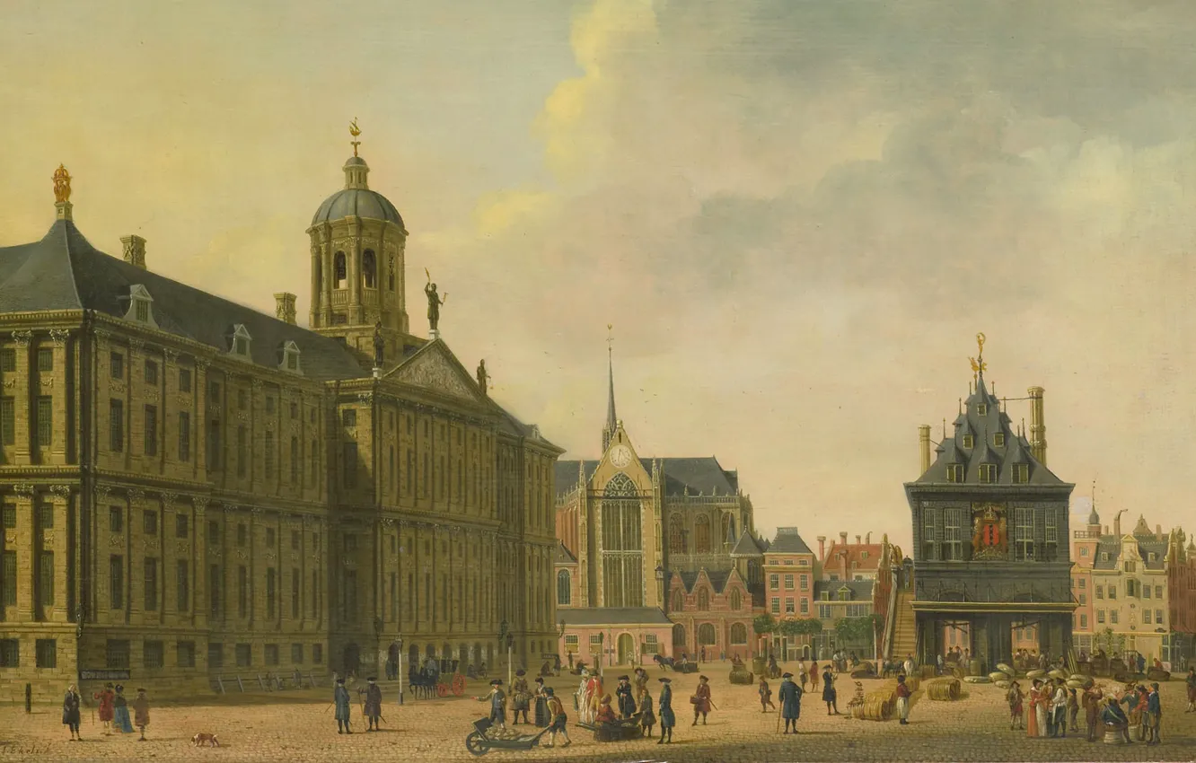 Фото обои масло, картина, городской пейзаж, Вид на Площадь Дам в Амстердаме, Ян Экельс Старший, Jan Ekels …