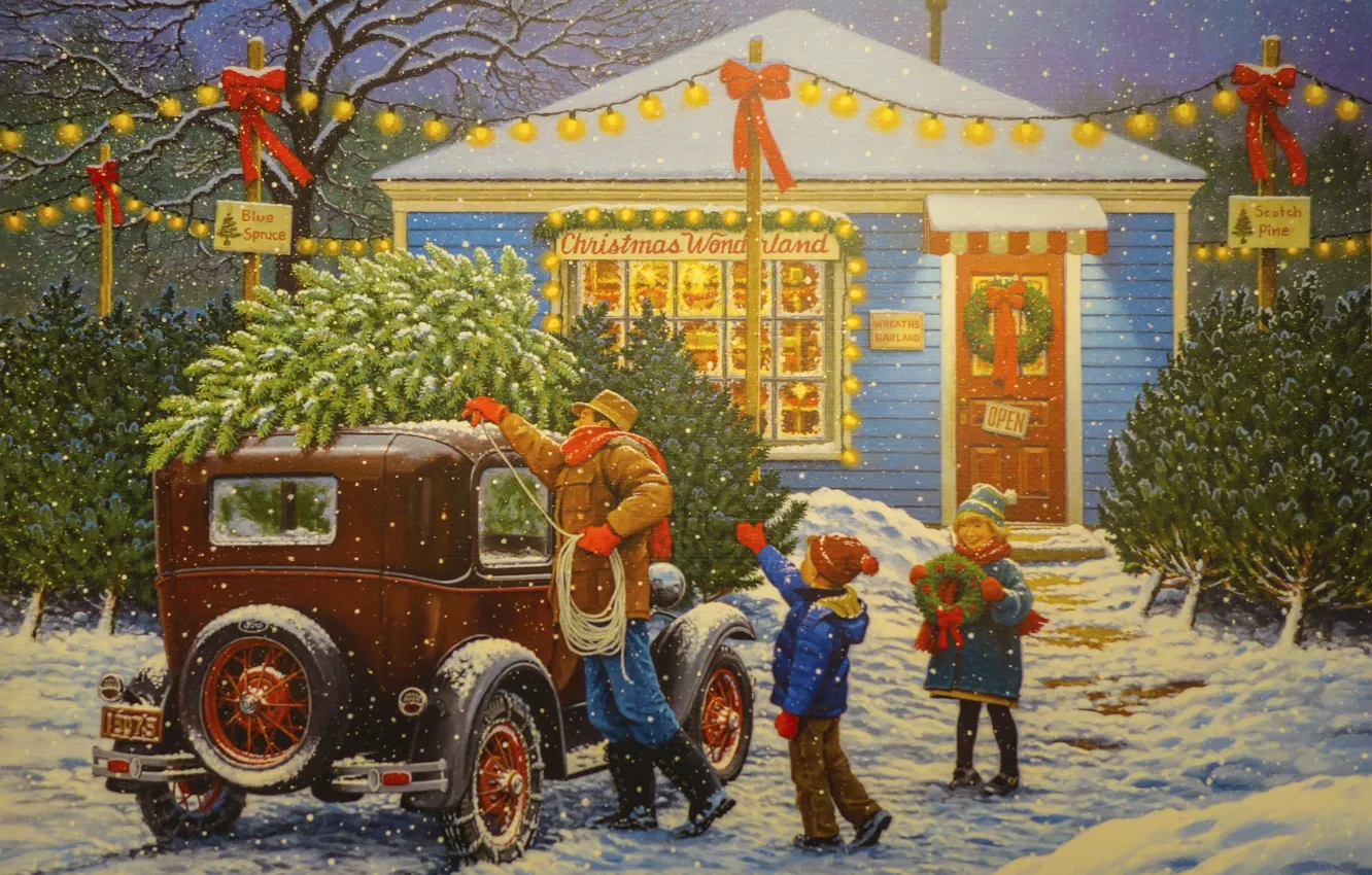 Фото обои машина, снег, праздник, елка, рождество, семья, гирлянда, John Sloane