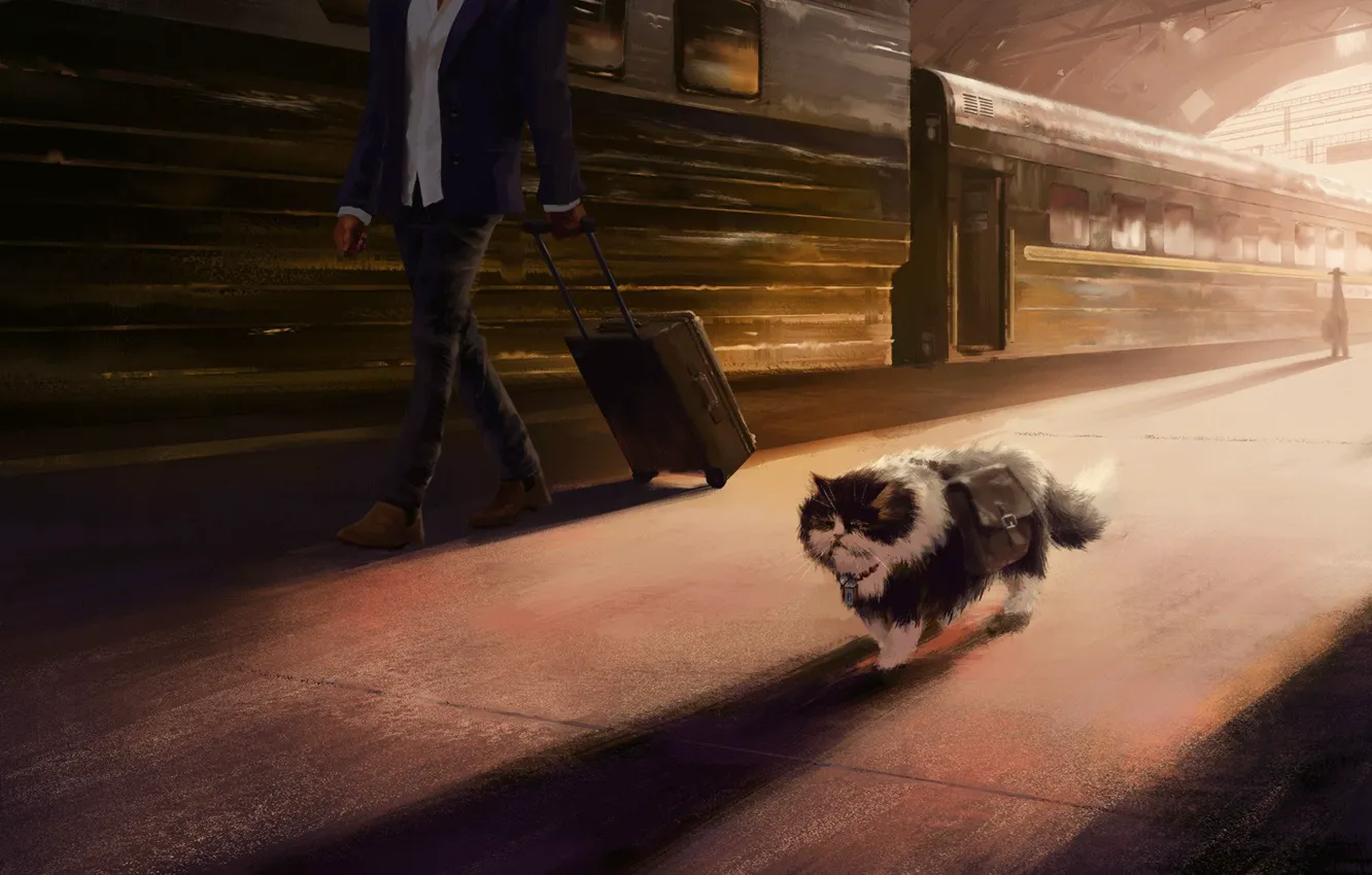 Фото обои кот, вокзал, поезд, художник, перон, Эндрю Пальянов, путешествие кота, выгоны