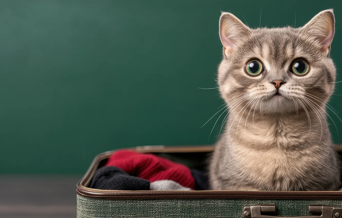 Фото обои кошка, кот, взгляд, котенок, серый, вещи, чемодан, мордашка