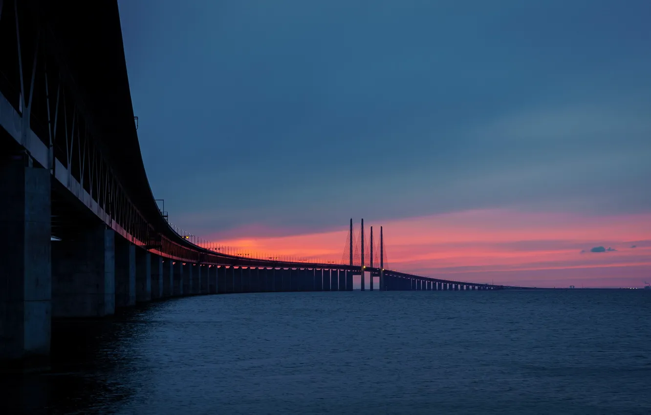 Фото обои закат, мост, Sweden, Bunkeflostrand, Skane, Øresunds bridge